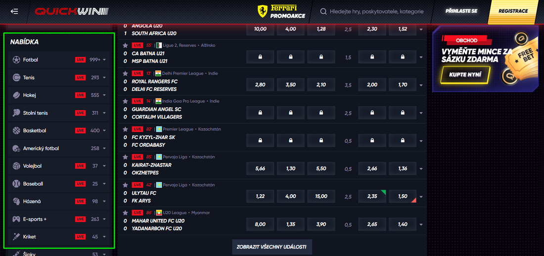 Dostupné sporty pro sázení u Quickwin